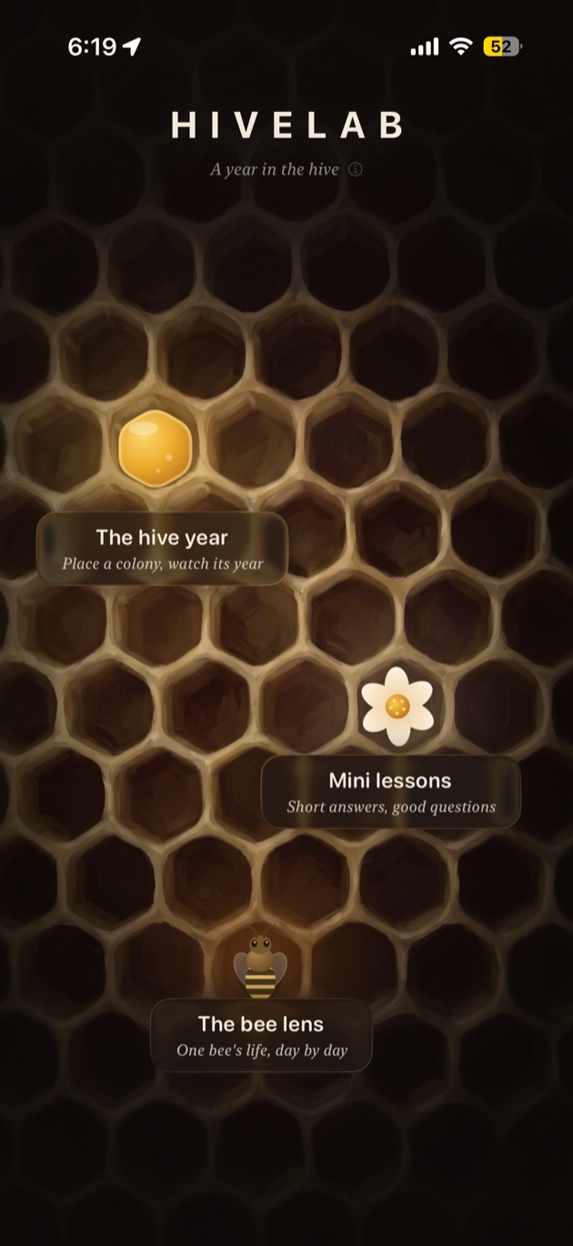 The HiveLab home screen, three ways in drawn as cells of honeycomb
